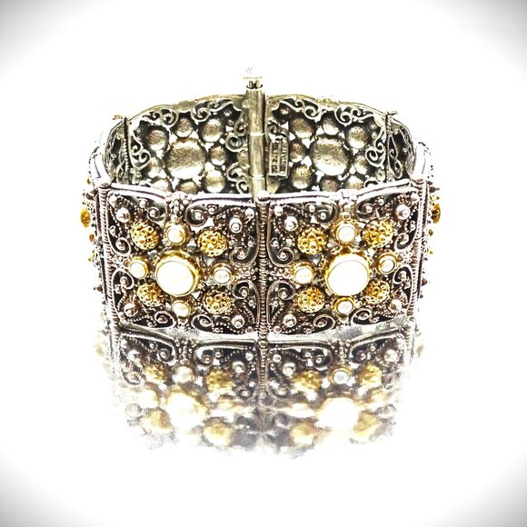 KONSTANTINO Sterling Silver 18K Gold White Pearls Wide Bangle Bracelet 89 Grams - Picture 1 of 14